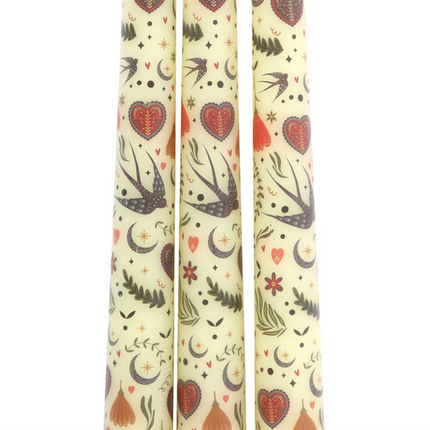 Set of 3 Cream Midnight Bloom Print Taper Candles
